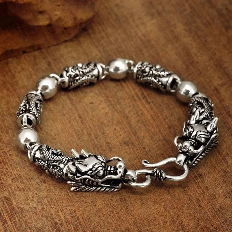 

2022 Pure S925 Silver Jewelry Retro Domineering Classic Ethnic Style Double Dragon Playing With Beads Good Lucky Man Bracelet