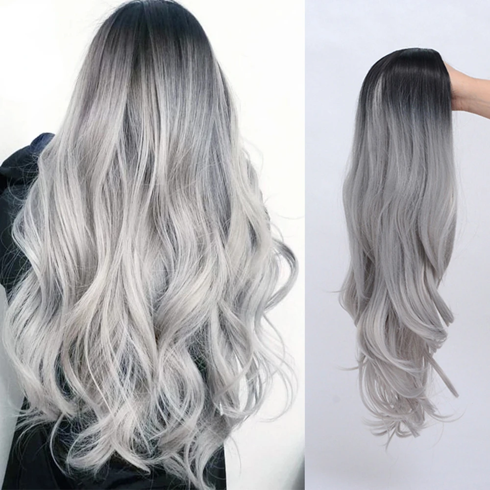 

Синтетические длинные волнистые парики Омбре, черный, серый синтетический парик для женщин, термостойкие волосы для косплея и вечеринки