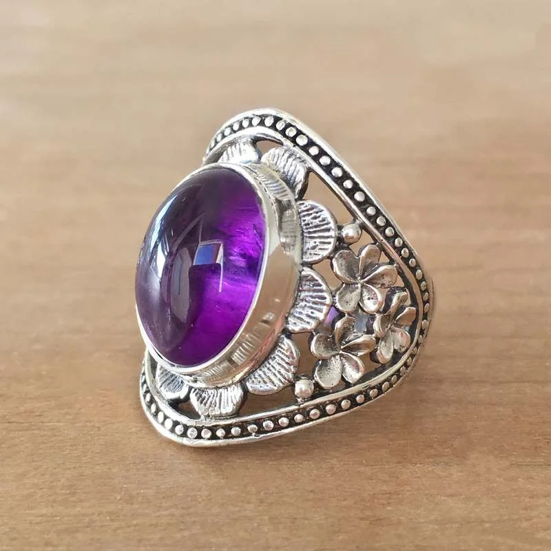 

Fashion Silver Color Amethyst Hand Carved Flower Cutout Rings for Women Bride Wedding Engagement Ring Birthday Party Gift Jewelr