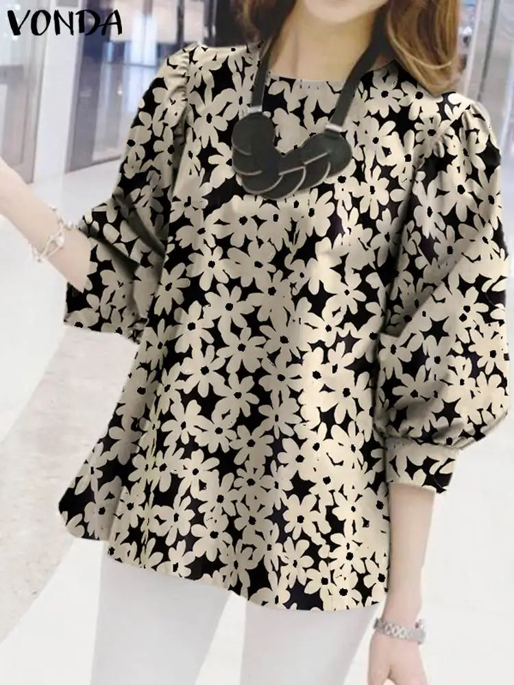 

Fashion VONDA 2023 Summer Women Blouses Shirt Puff Sleeve Floral Printed Half Sleeve Blusas Casual Tops Tee Tunic Streetwear