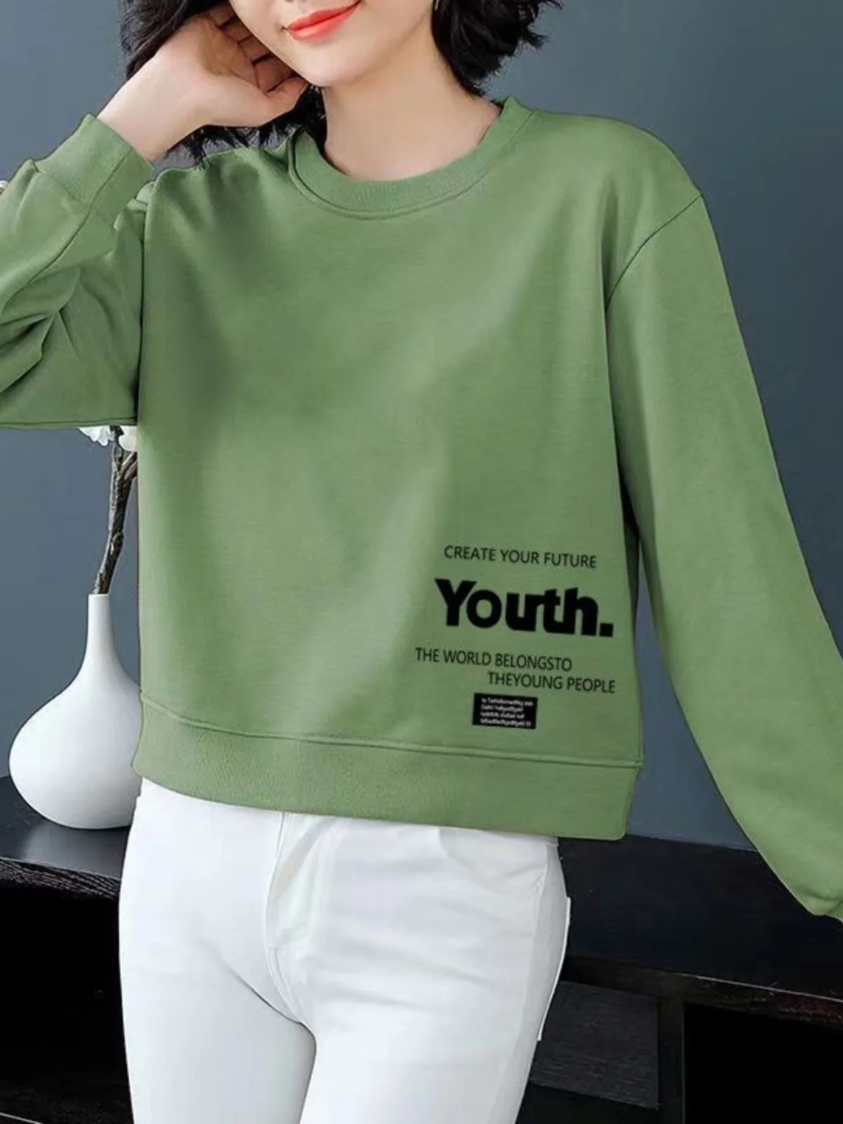 2023 хлопковая короткая весенняя маленькая толстовка с круглым вырезом женская