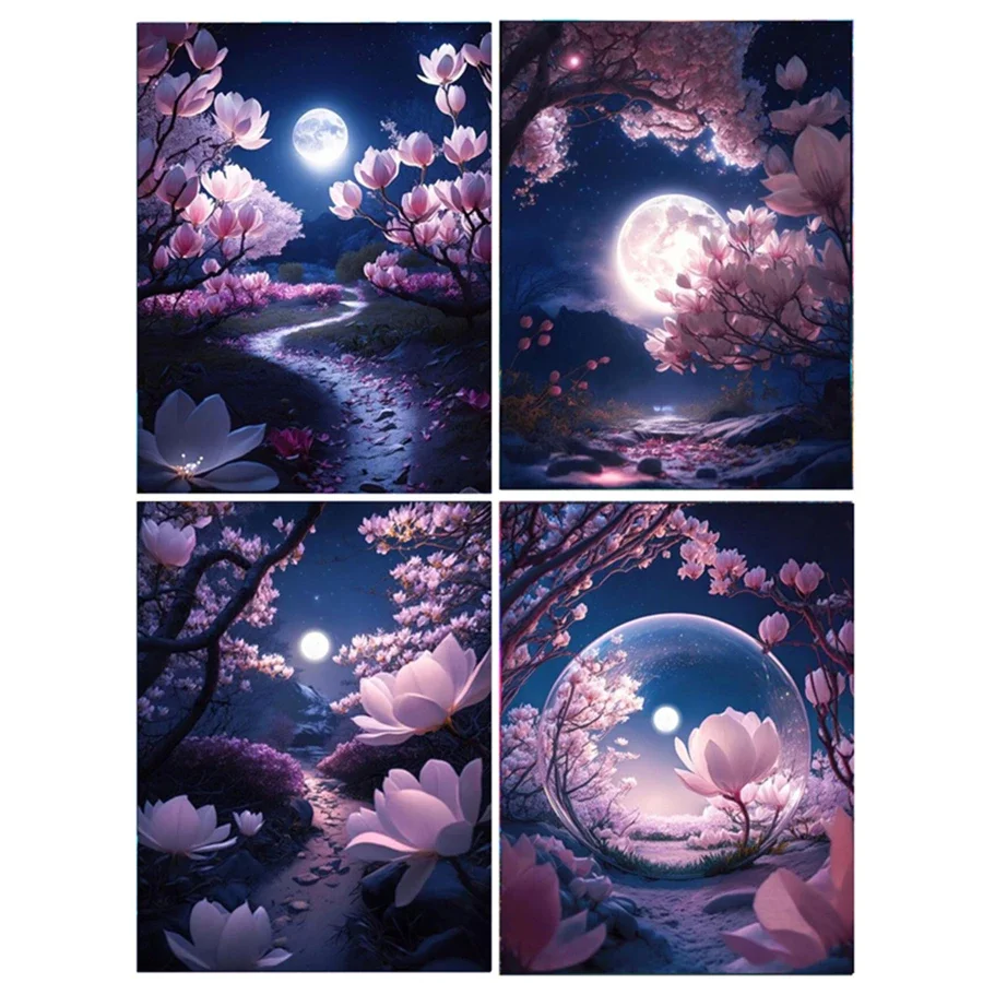 

Nightscape Diamond Painting Cross Stitch Kits Pink Flower Tree Full Square Drill Rhinestone Mosaic Moon Home Decor