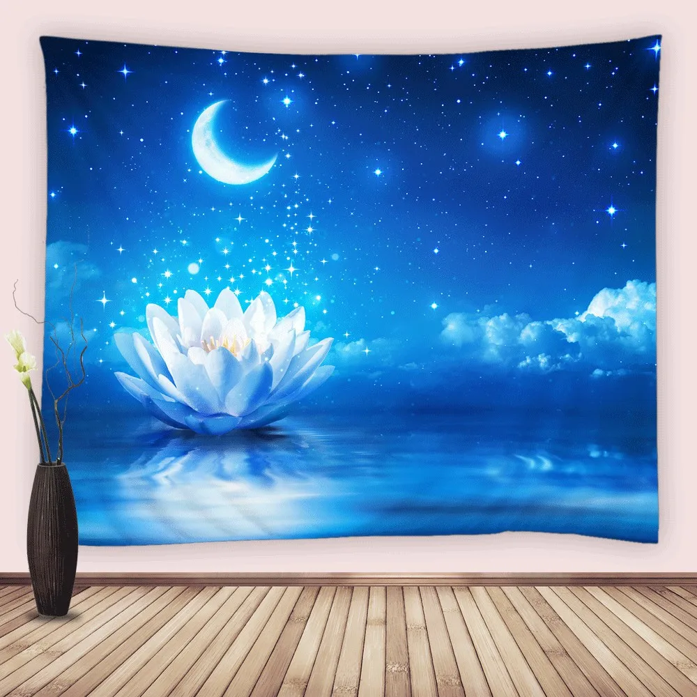 

Blue Moonlight Lotus Moon Wall Hanging Tapestry Fantasy Scenery Sea Starry Sky Bedroom Art Decor Soft Tapestries Picnic Blanket