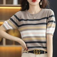 pure cotton thread color strip knitted short sleeved pullover sweater 2022 spring summer womens clothing loose fashion t shirt