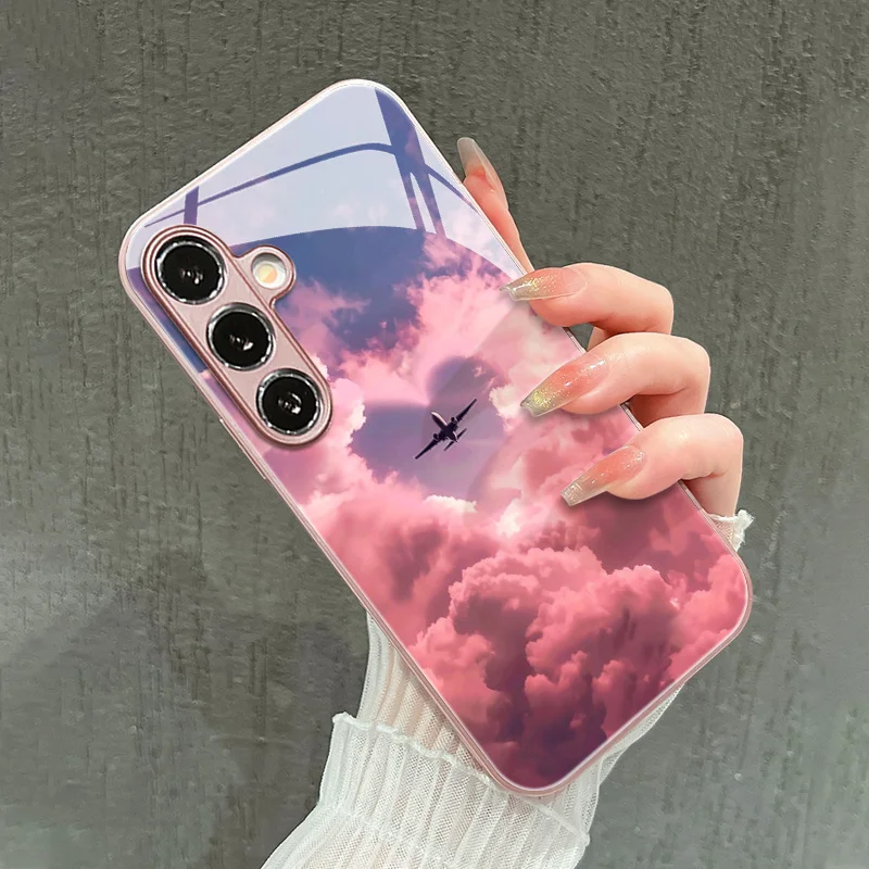 Фото Стеклянный чехол для телефона с рисунком самолета, подходит для Samsung Galaxy S26 S25 S24 S23 S22 S20 FE/Ultra/Plus, противоударный. №1