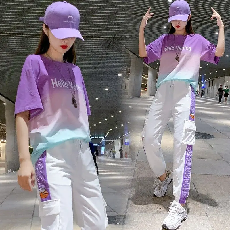 

Sportswear Suit 2022 Summer New Fashion Short-sleeved Gym Top Sports Trousers Running Suit Women's Workout Clothes 2-piece Suit