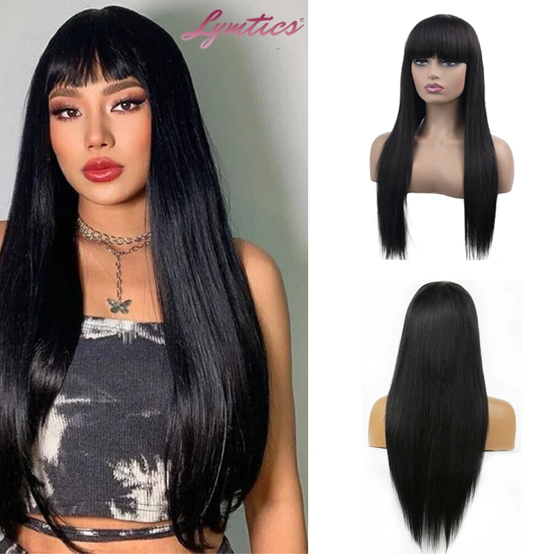 

Long Straight Synthetic Wig with Bang Nature Black Color Wigs Cosplay Lolita Black White Women Heat Resistant Fiber