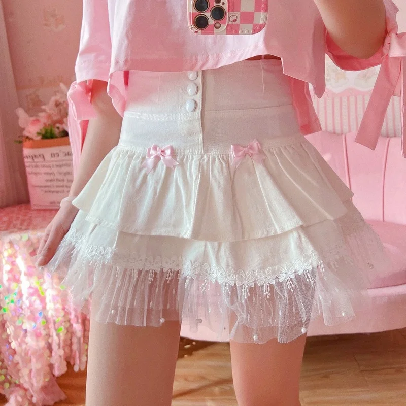 

New Patchwork Cute Mesh Skirts for Women Age-reducing High Waist White Lace Mini Skirt Summer Sweet Kawaii Ins Jupe Female 2022