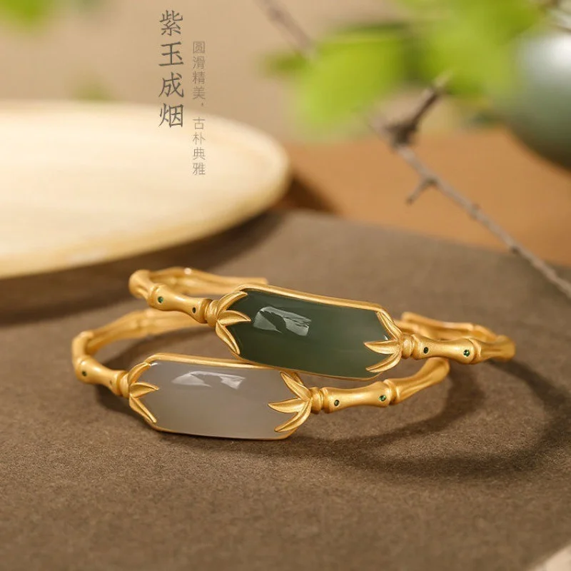 

925 silver plated gold inlaid natural Hotan jade retro charm manual opening Hotan jade gem bracelet women's gift