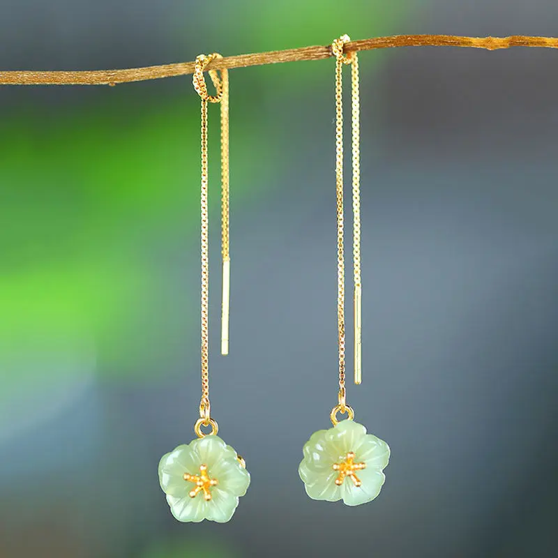 Natural jade plum flower earrings for women Fresh long dangle ear strip new in vintage wedding Jewelry gift for girlfriend