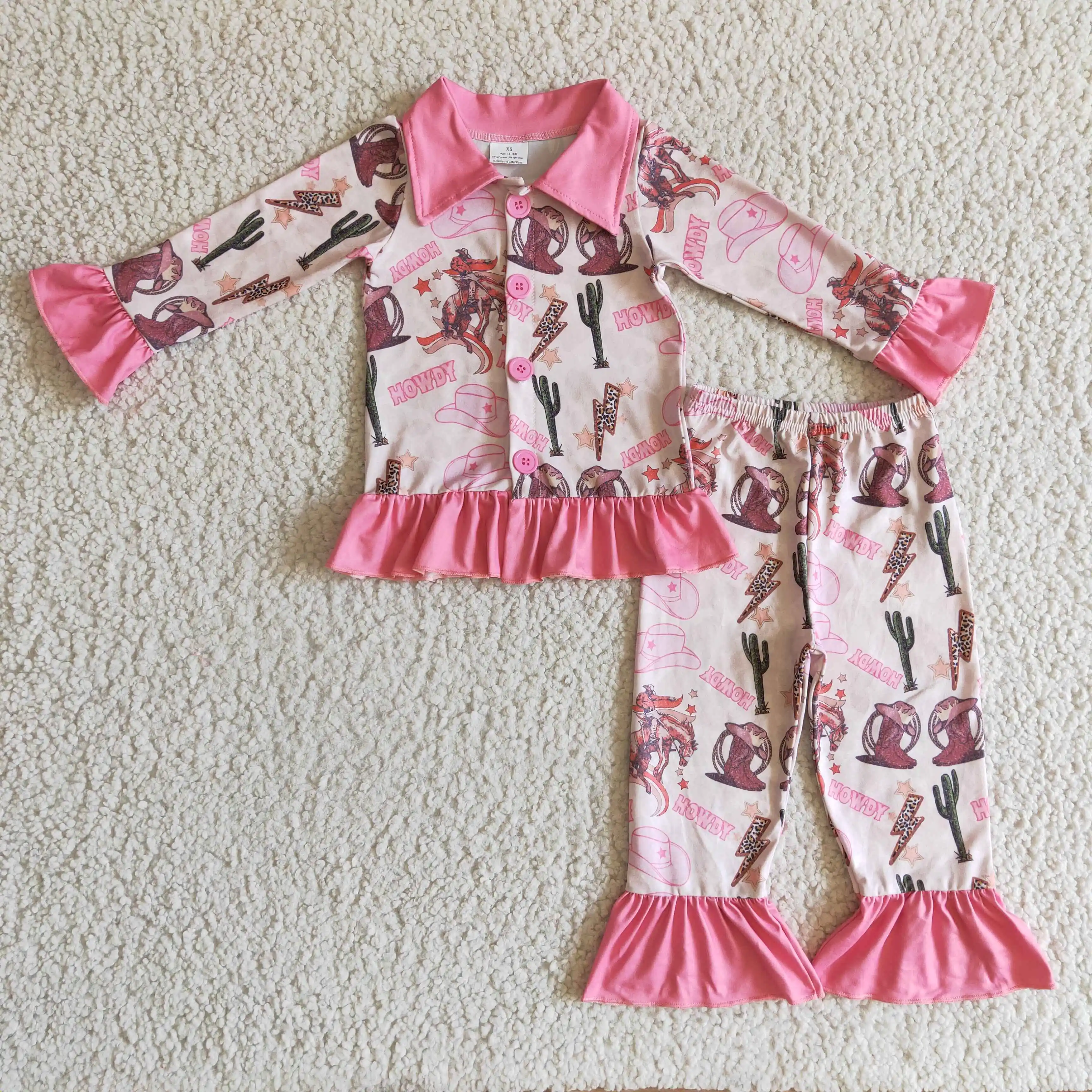 

kids clothing 10 to 12 years western girl clothes Howdy Rodeo boots cactus western elements pink ruffle pajamas for girls