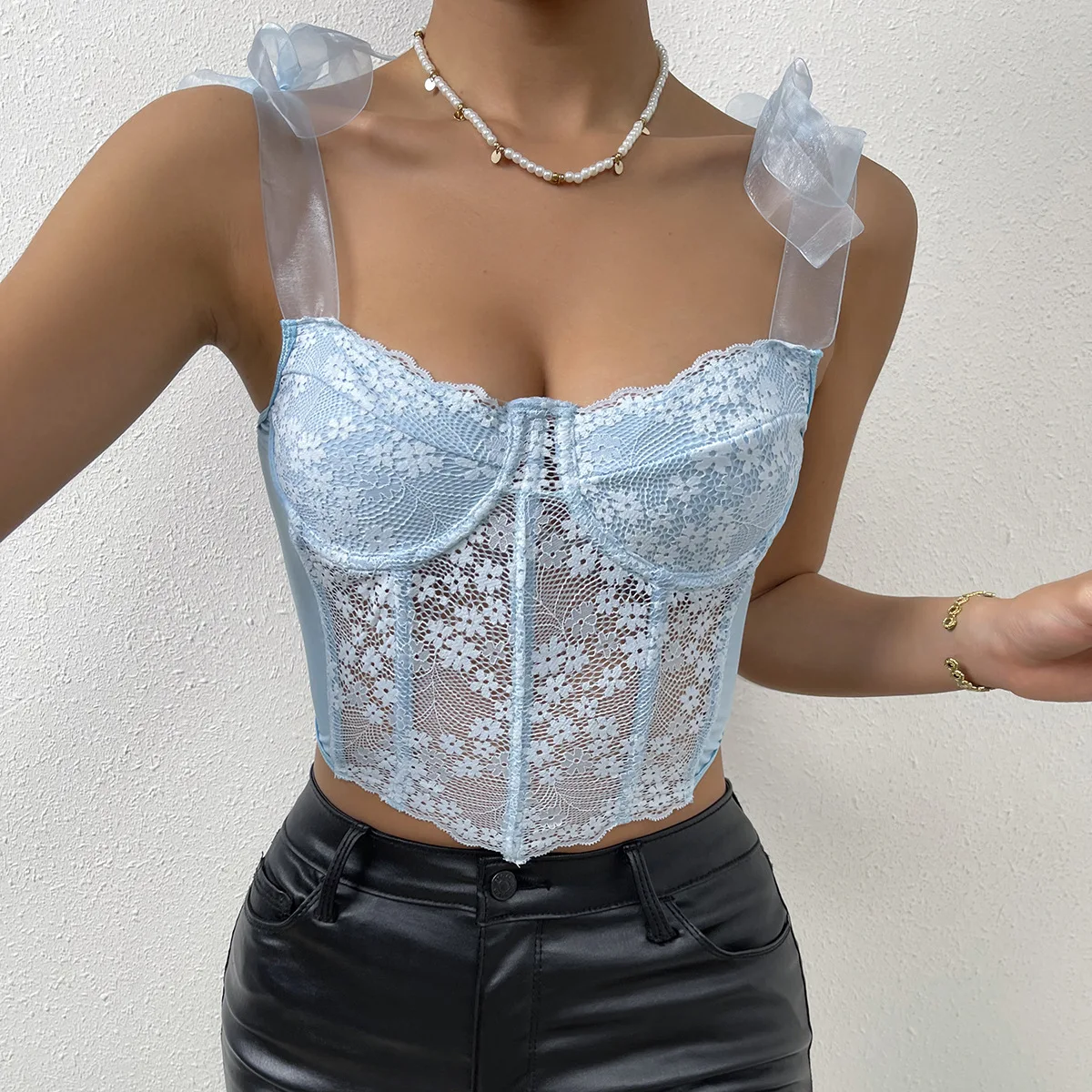 

Lace Bandage Bustiers Tube Top Women Sexy Hollow Out Mesh Sling Patchwork Corsets Cropped Floral Print Mini Vest 2023
