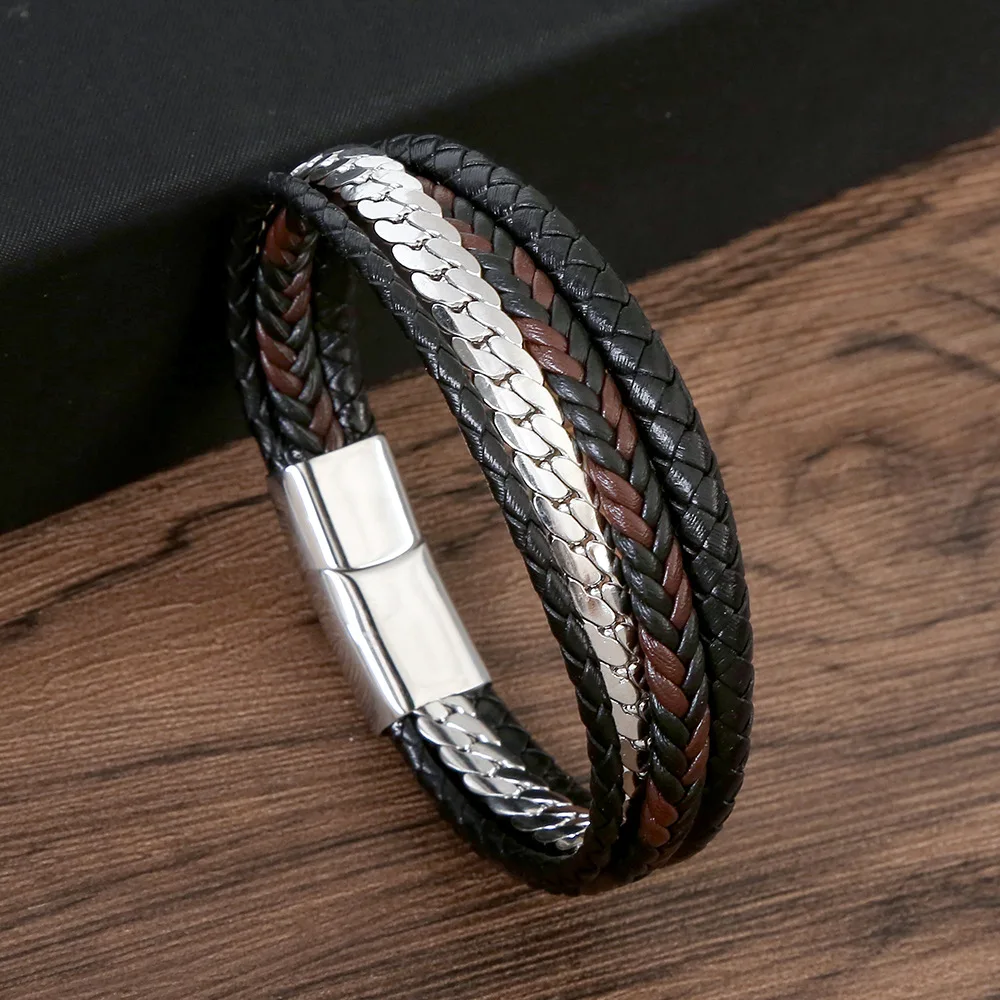 

New Trendy Leather Stainless Steel Braided Bracelet Punk Cool Multilayer Leather Bracelet for Men Birthday Gift