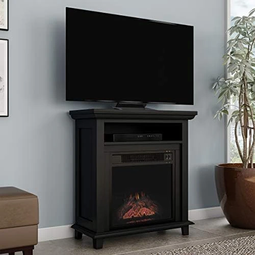 

Tall Fireplace TV Stand \u2013 Freestanding Entertainment Console with Shelf, Faux Logs and LED Flames by (Black) Espresso cof