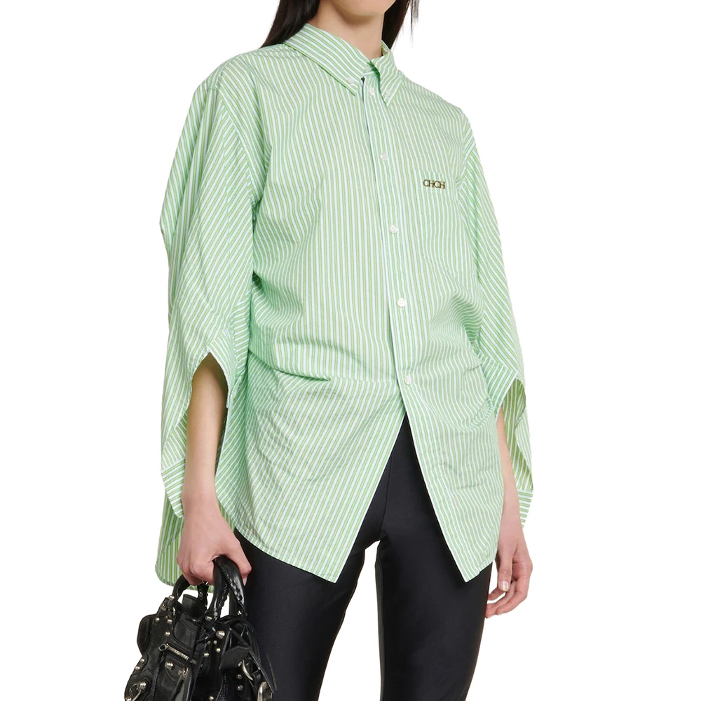 

CHCH 2023 Summer Brand New Fashion Women's Striped Blouse Sequined Letters Long Sleeve 100% Cotton Blouses X-long Casual Shirts