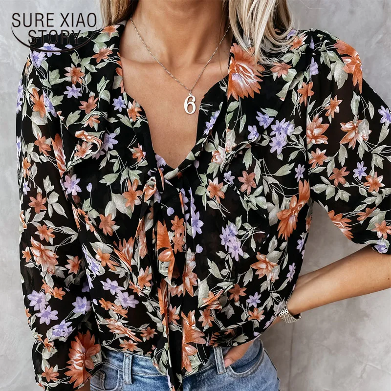 

2022 Summer Petal-Sleeved Floral V-Neck Shirts Women Tops Bow Blouses Office Lady Casual Sexy Vintage Print Blusas Mujer 14884