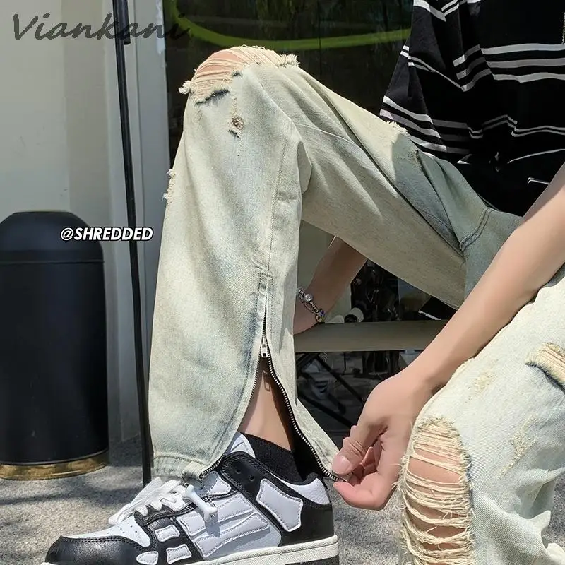 American Split Hole Jeans Men's Summer Retro High Street Straight Pants Ins Fashion Loose Thin Beggar Trousers