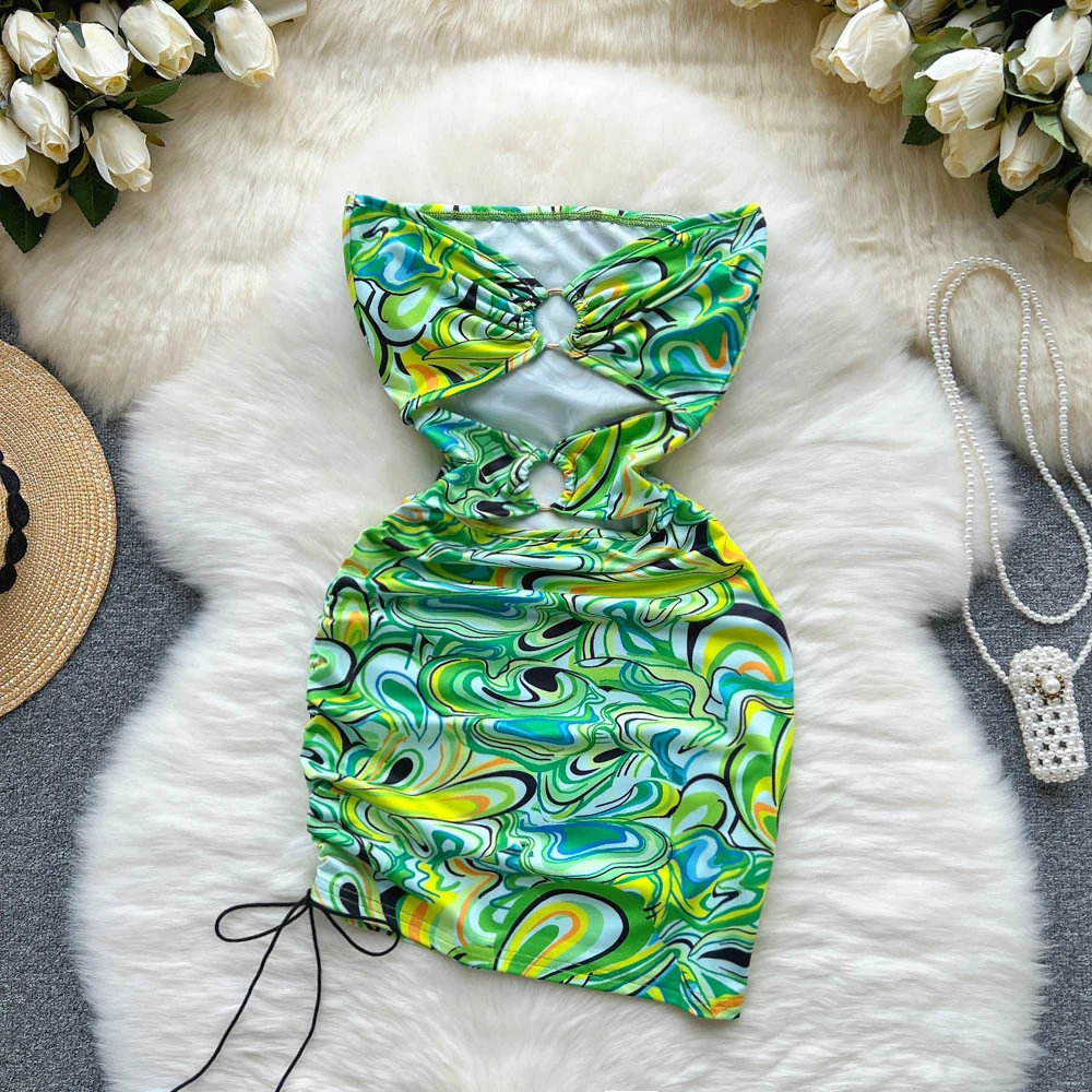 

Пикантное бюстье в европейском и американском стиле с вырезами, популярное облегающее платье на завязках с принтом для девушек