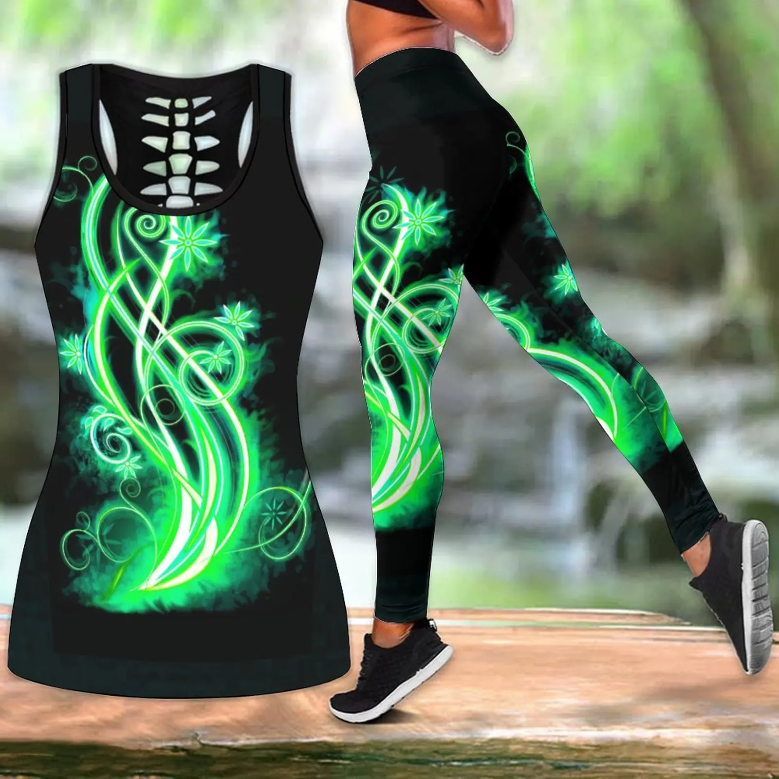 

Summer Fashion Suit Glow Leaves Flowers Print Yoga Pants Set XS-8XL