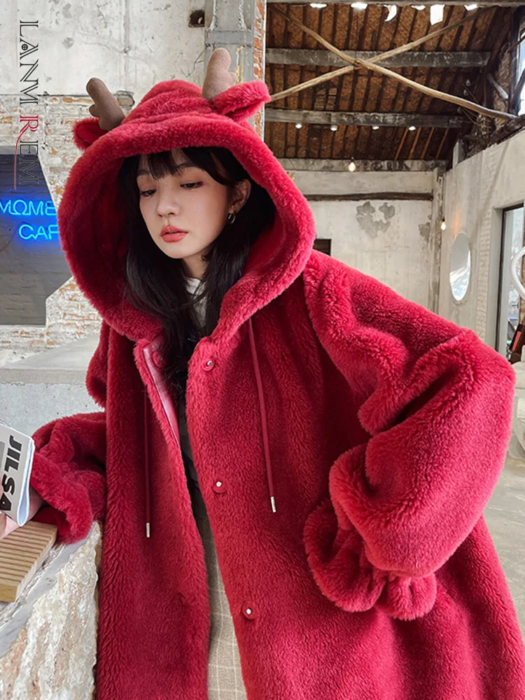 

LANMREM 2022 Winter Thickened Lamb Wool Coats For Women Hooded Long Sleeves Loose Fashon Christmas Holiday Warm Clothing 2R7769