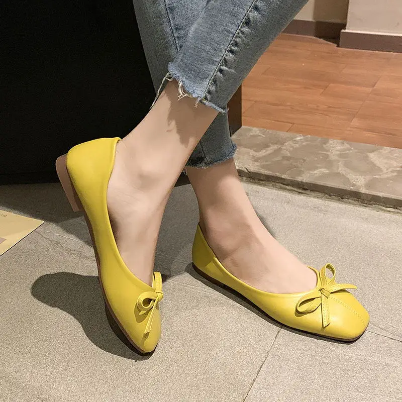 

Ladies Flats Flat Heel Women Shoes Solid Leather Bow knot Plus Big Size Square Toe Casual Sweet Soft Sole Solid Color Moccasins