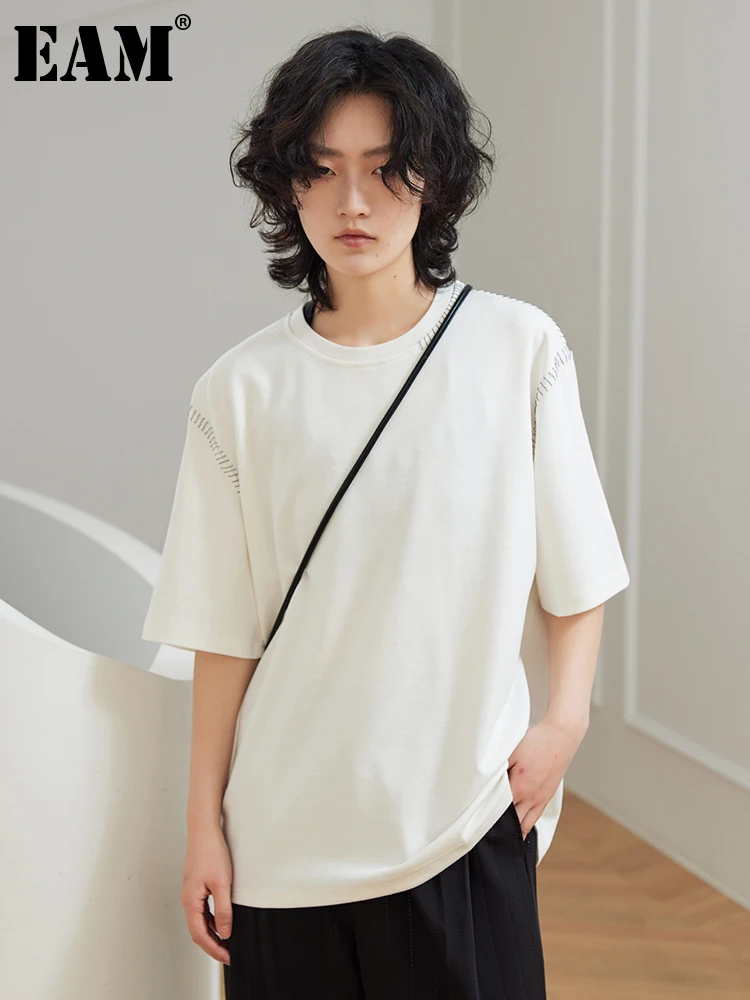 

[EAM] Women White Topstitched Big Size Casual T-shirt New Round Neck Short Sleeve Fashion Tide Spring Summer 2023 1DH0075
