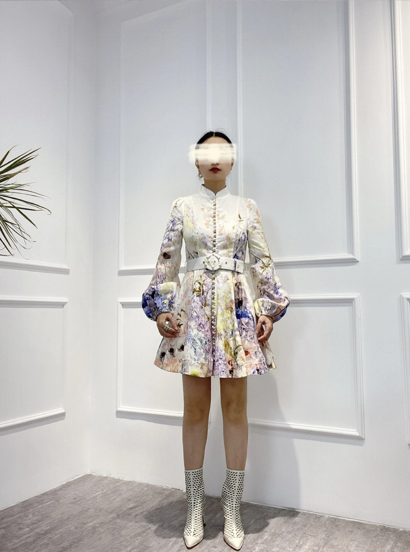 

Hot Sale 2022 Top Quality Linen Cotton Purple Yellow Floral Print Gradient Mandarine Collar Vintage Mini Dress with Belt Women