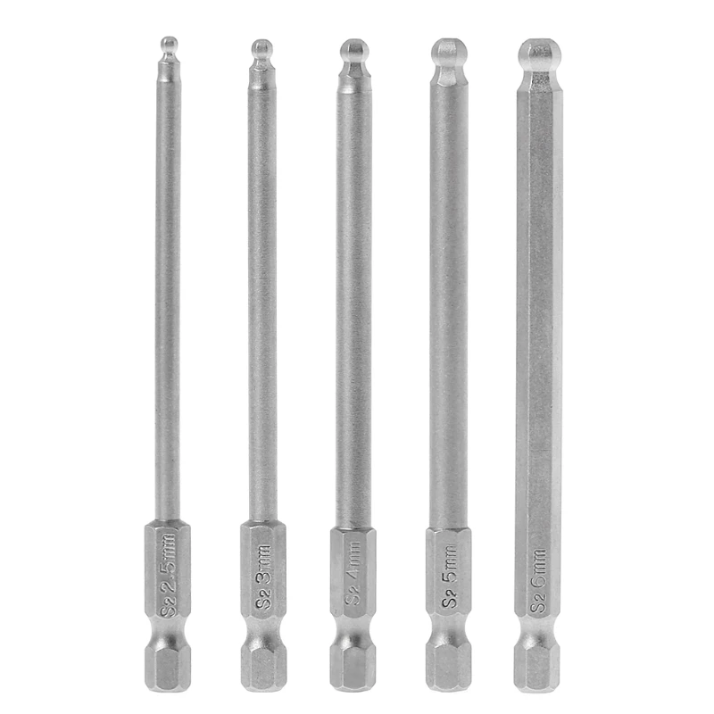 

5 Pcs 1/4" Hex Shank 100mm Magnetic Ball End Hexagon Screwdriver Bits Drill Set