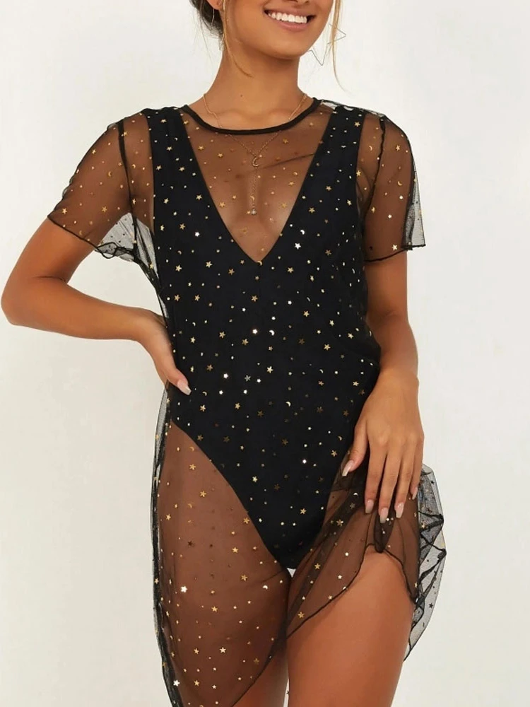 Женский сексуальный купальник накидка на бикини пляжная одежда с блестками