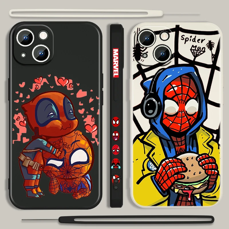 

spiderman marvel cute Phone Case For Apple iPhone 14 13 12 Mini 11 Pro XS MAX XR X 8 7 6S SE Plus Liquid Left Rope Cover Fundas
