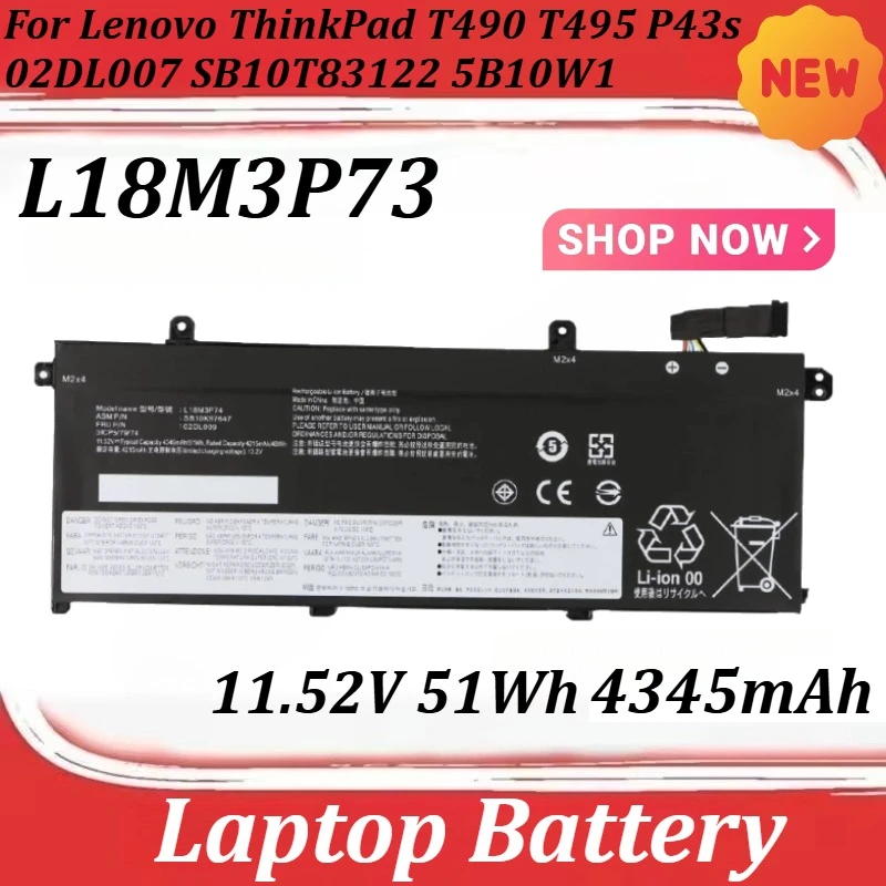 Фото Аккумулятор 11.52V 51Wh 4345mAh L18M3P73 для Lenovo ThinkPad T490 T495 P43s 02DL007 SB10T83122 5B10W1 L18L3P73 L18C3P72 L18M3P72 №1