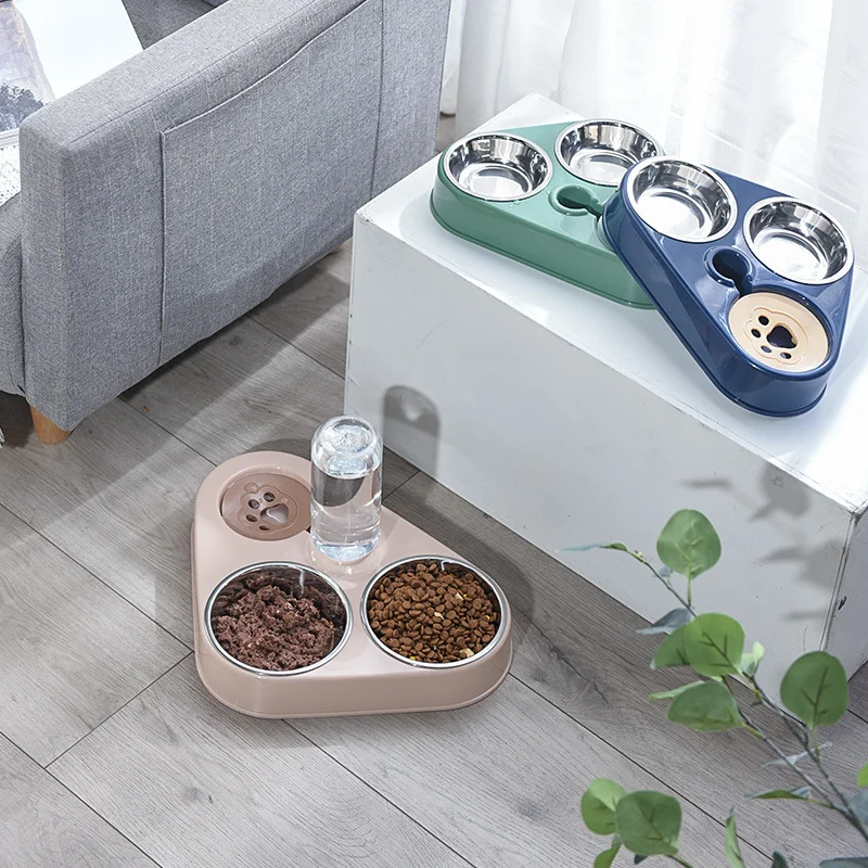 

3 in 1 Pet Dog Feeder Bowl With Dog Water Bottle Cat Automatic Drinking Cat Food Bowl Pet Double 3 Bowls Stainless Steel Feeder