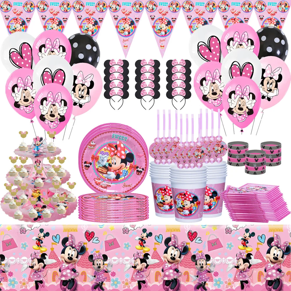 

Disney Minnie Mouse party Disposable tableware Plates Cups Banners Balloons Girl Birthday Party Decoration Wedding Baby Show