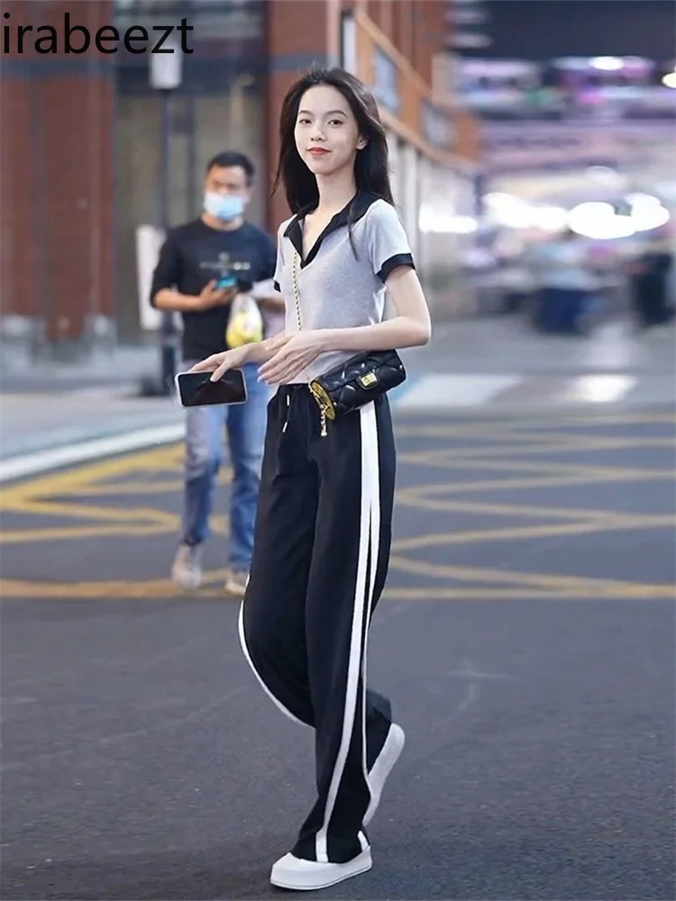 

Irabeezt Casual Fashion Tracksuit Sets Girly 2022 Summer New Korean Neck Top + Loose High Waisted Wide Leg Pants Two-piece