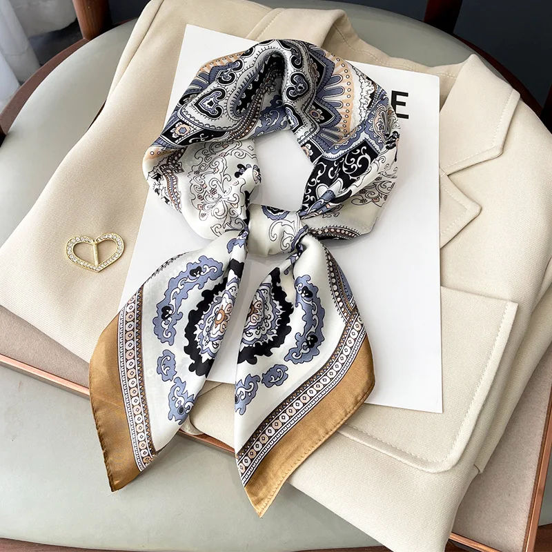 

Fashion 70cm Silk Scarf Women Luxury Brand Print Satin Square Hijab Office Lady Shawl Wraps Hair Bands Ribbon