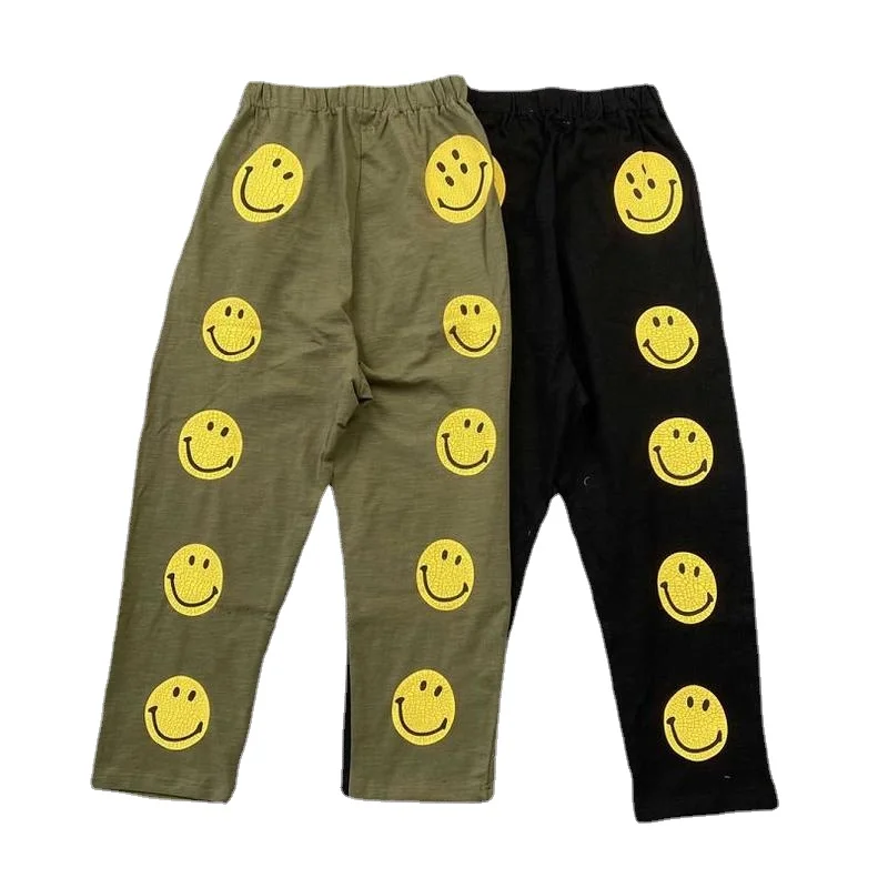 

22SS Foam Yellow Smiley Logo Print KAPITAL Pant Men Women EU Size 100% Cotton KAPITAL Trousers Fashion Four Seasons Kanye West