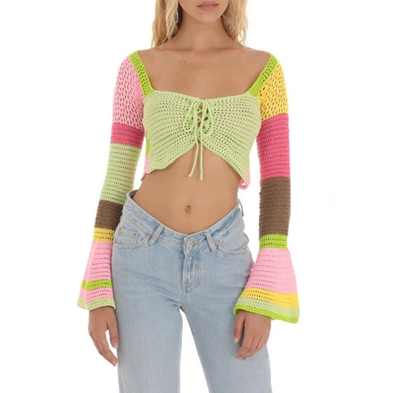 

Hollow Out Knitted Crop Top 2000s Women Aesthetic Clothes Contrast Color Flared Long Sleeve T Shirt Crochet Tee y2k Clothing