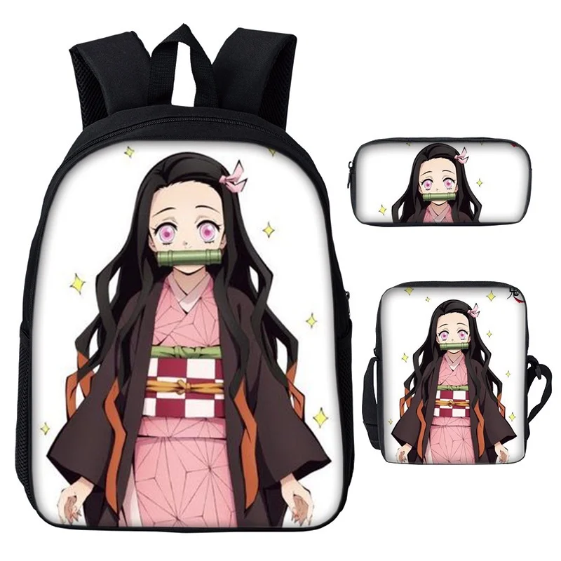 3 Piece Demon Slayer Nezuko Tanjirou Children Shoulder Bags New Girls Boys Fashion Anime Student Backpacks New Kids Cute Pen Bag