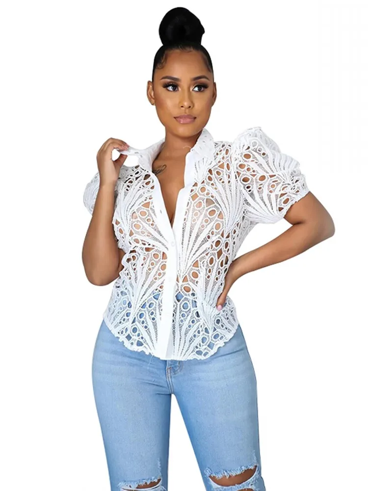 

Slim Blouses Women Tops Single Breasted Stand Collar Puff Sleeve Tops Summer Fashion Solid Hollow Sexy Female Shirts Blusa Tunic