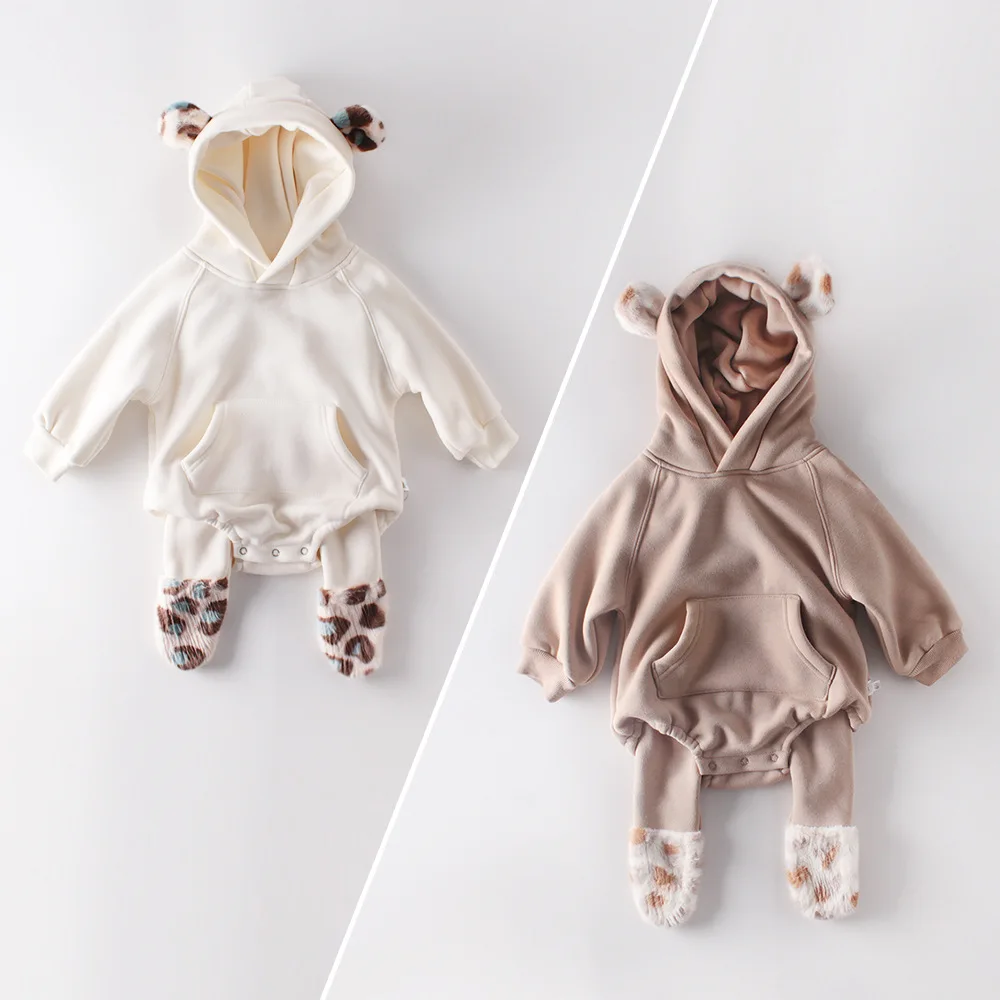 New Baby Winter Dress Beautiful Boys Girls Baby Bodysuit Plush Ears Newborn Clothes Plush Thickened Pantyhose Set