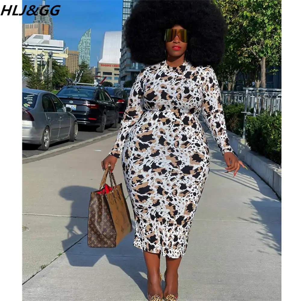 HLJ&GG Fall Winter Plus Size Women Clothing 5XL Casual Round Neck Long Sleeve Leopard Print Mid Dresses Fashion Bodycon Vestidos