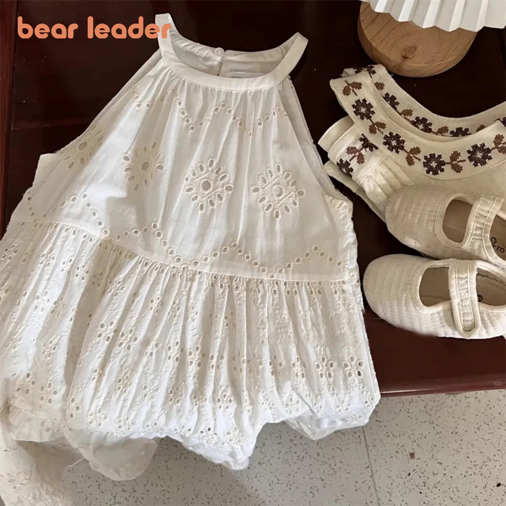 

Bear Leader Cut-out Design Girl's Dress 2023 Summer Little Girl Fashion Sling White Holiday Medium Length Vest Dress Girls Dress