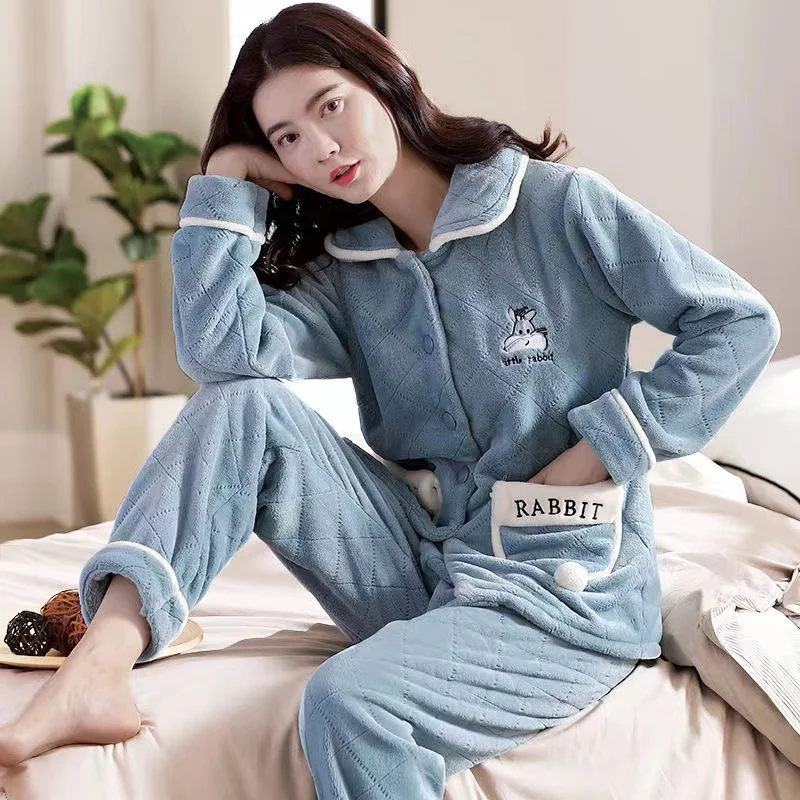 Winter Warm Pajamas Set For Women Flannel Homewear Coral Fleece Sleepwear 2 Piece/Set Nightgown Pijamas Mujer Home Wear