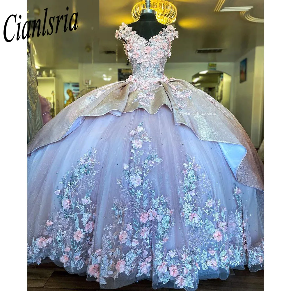 

2023 Dreaming Floral 3D Flowers Quinceanera Dresses Prom Dress V-neck Flower Straps Beaded Corset Back Sweet 15 16 Girls Dress