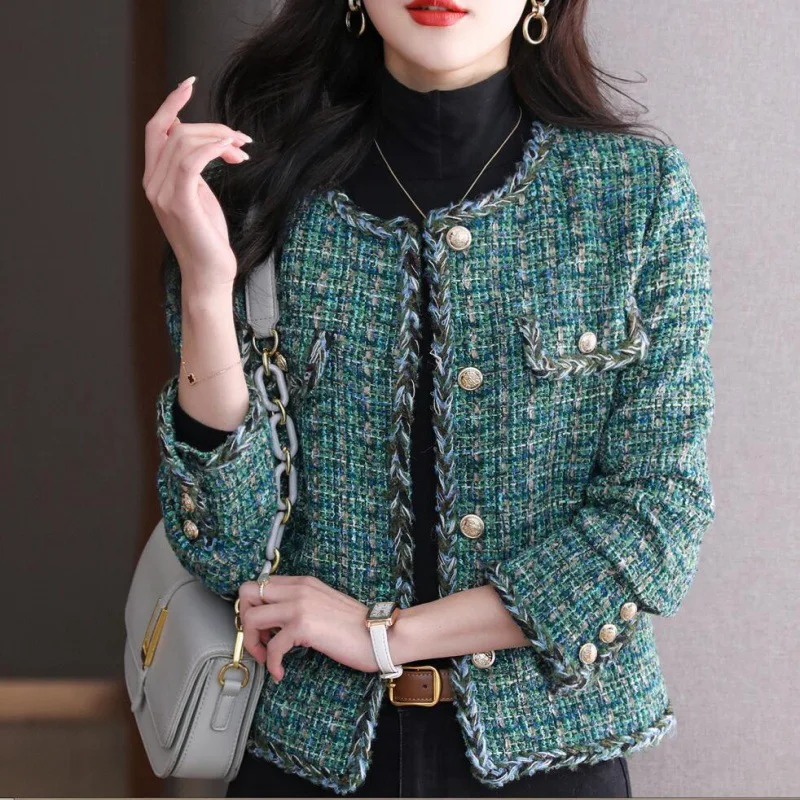 Твидовая зеленая ароматная простая пригородная куртка зима-осень 2024 новое
