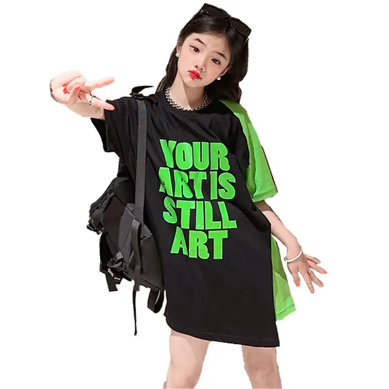 

Teen Girls T Shirt 2023 Summer Cool T Shirt Long Loose Undershirt Letters Print Dresses for Children Tops Tees Kids 8 12 13Years