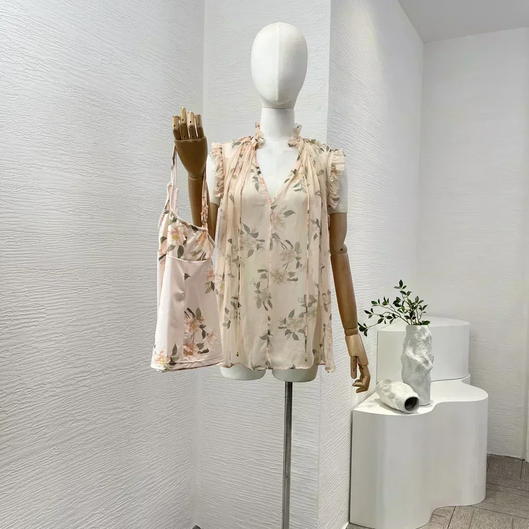 2024 новая бежевая женская блузка без рукавов с v-образным вырезом и принтом