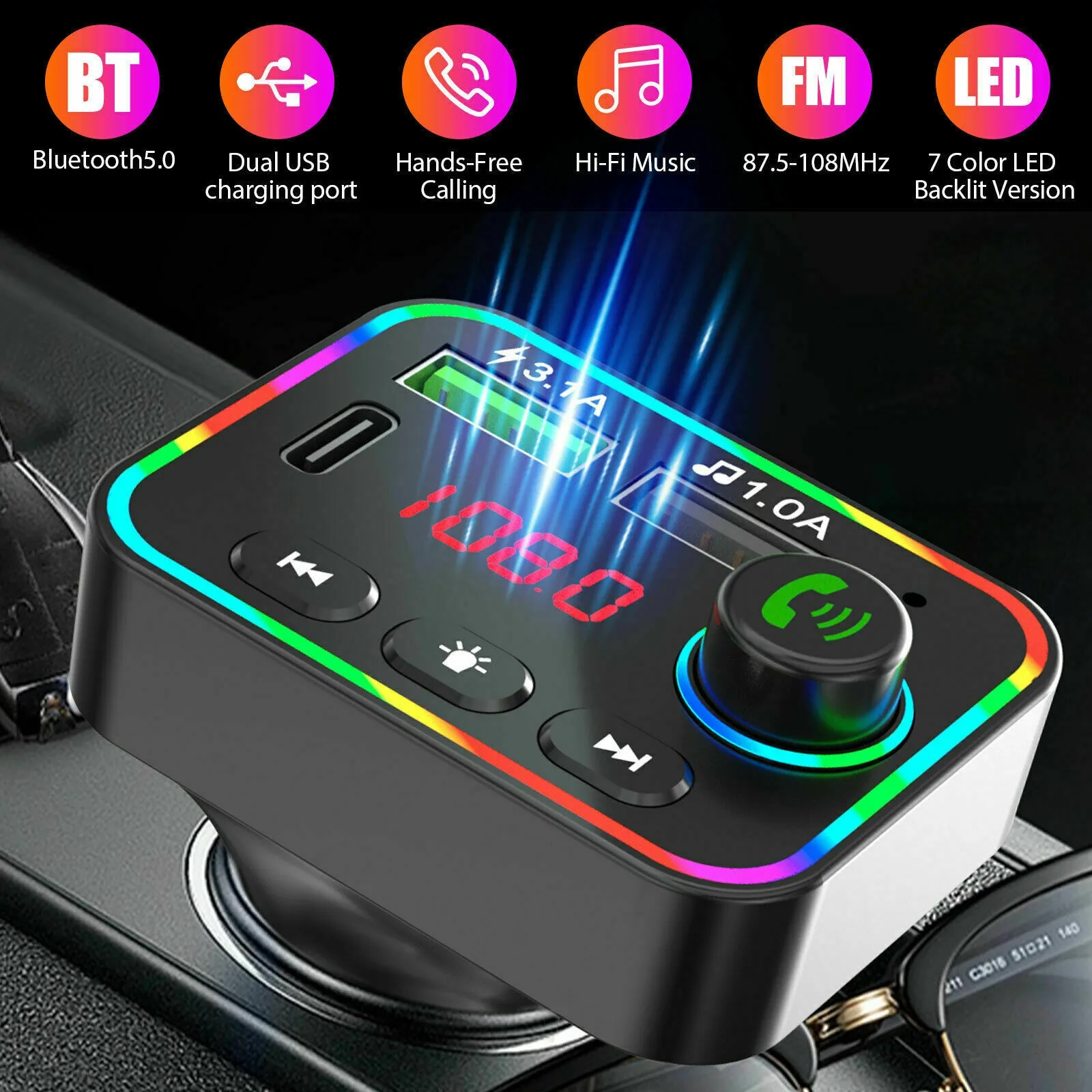 

FM-трансмиттер автомобильный с поддержкой Bluetooth 5,0, MP3, AUX