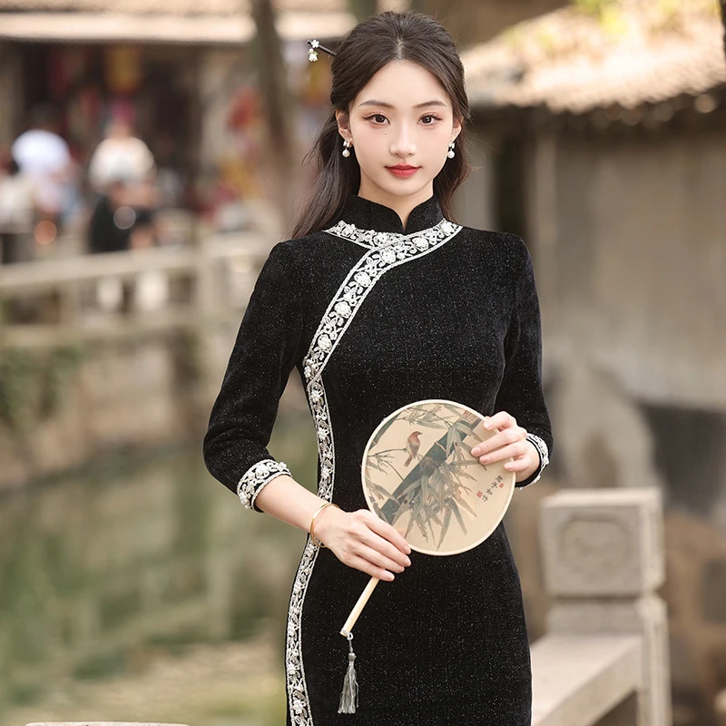 Осенне-зимнее тонкое темпераментное платье новое китайское женское Cheongsam