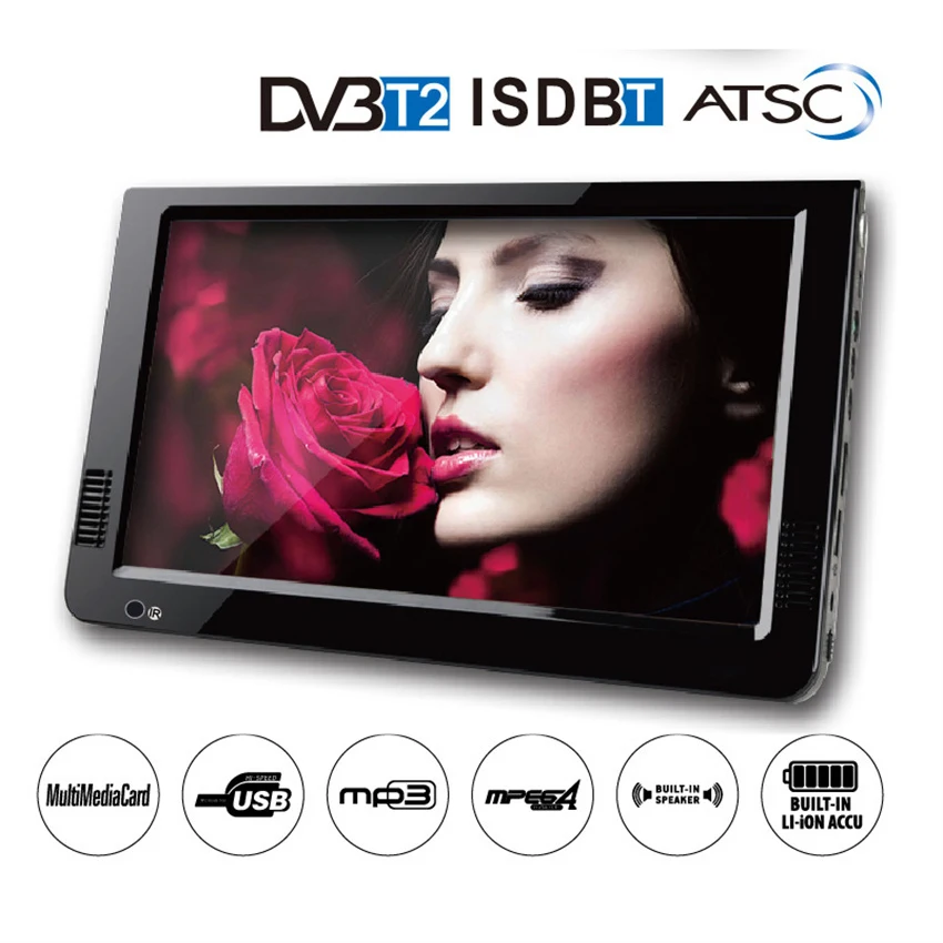 10 inch HD Portable TV DVB-T2 ATSC ISDB-T Digital and Analog Mini Small Car Television Support USB SD MP3 HDMI AV FM